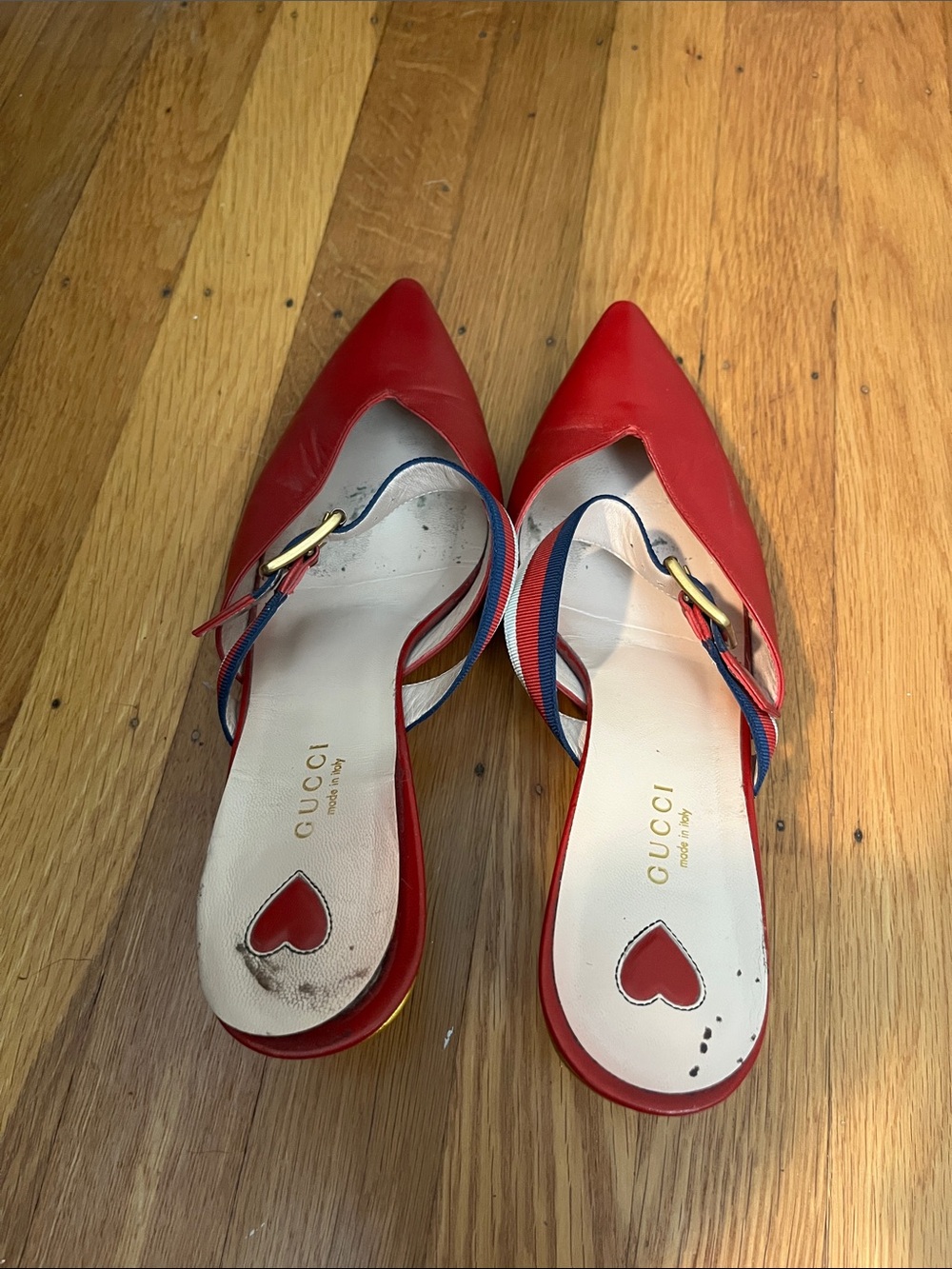Gucci Red Pointed Slingback Mules with Striped Ankle Straps